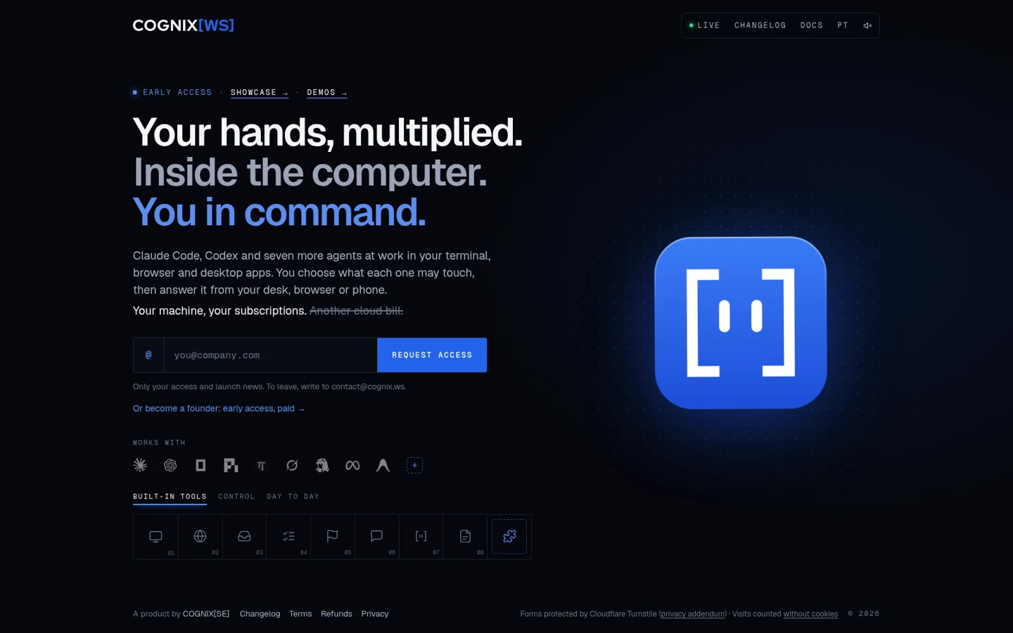 The cognix.ws home page with its headline, agent face and early-access form.