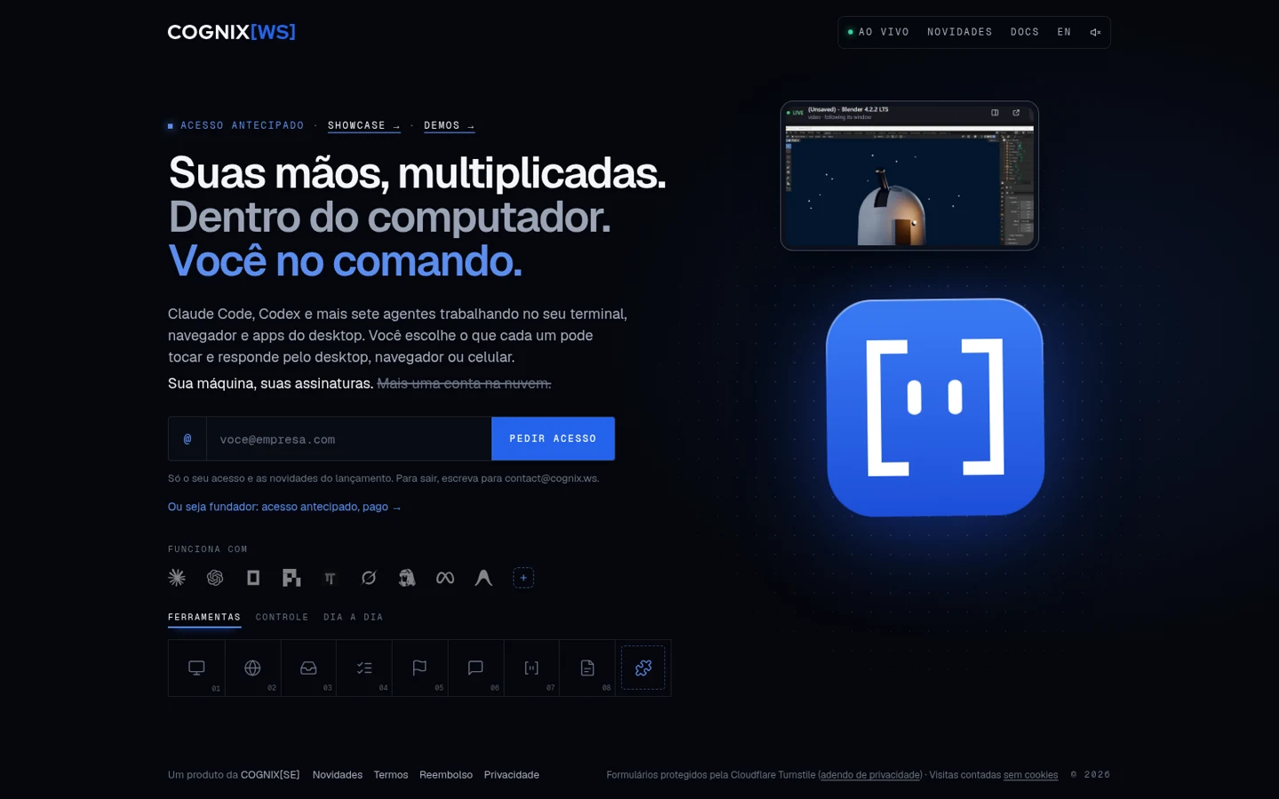 Página inicial de cognix.ws com sua chamada, o rosto do agente e o formulário de acesso antecipado.
